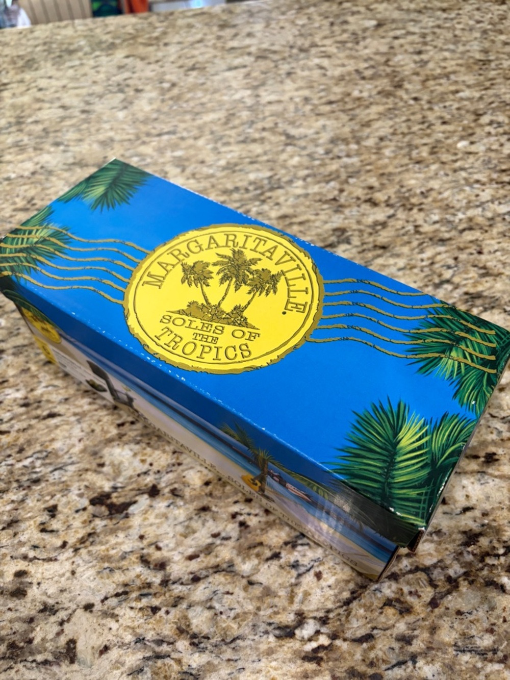 Margaritaville Blue Sandals with Green Palm Artwork.  Never used.
